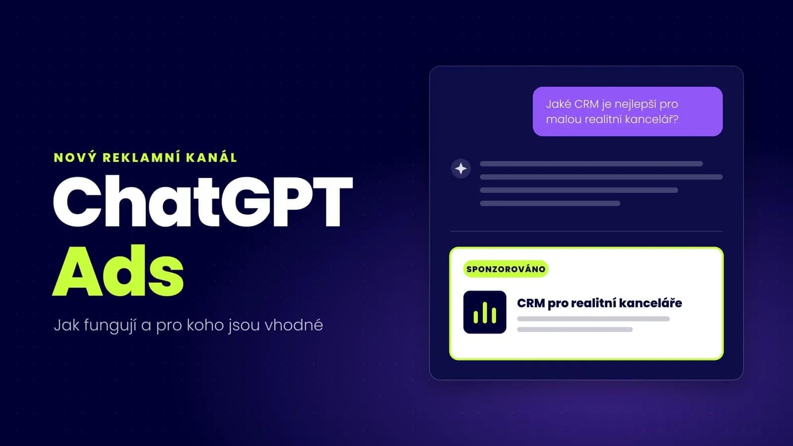 ChatGPT Ads — velký nápis a schéma konverzace s AI, pod odpovědí reklama označená jako sponzorovaná