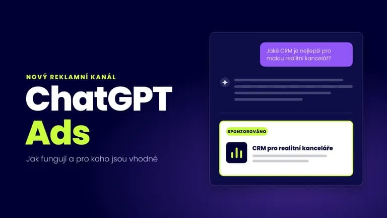 ChatGPT Ads — velký nápis a schéma konverzace s AI, pod odpovědí reklama označená jako sponzorovaná