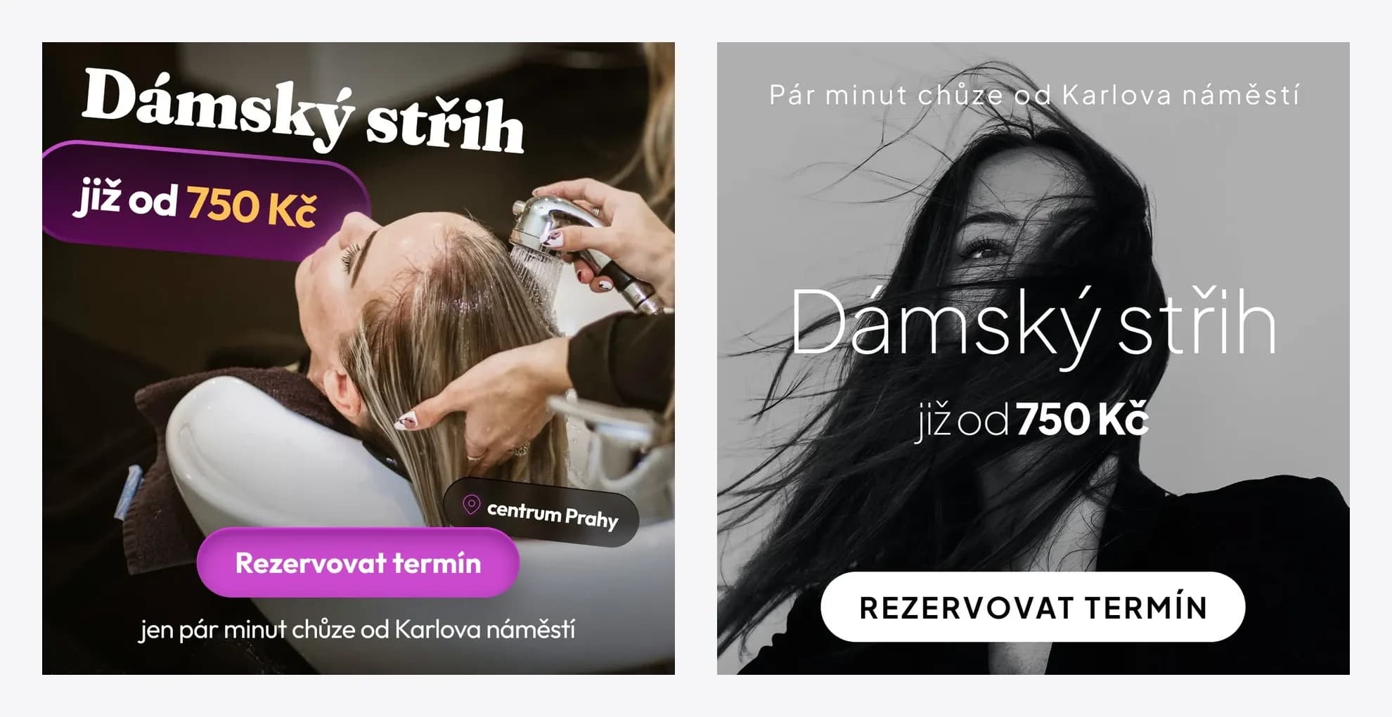 Dvě reklamní kreativy MB Hair Studio: dámský střih již od 750 Kč, pár minut chůze od Karlova náměstí