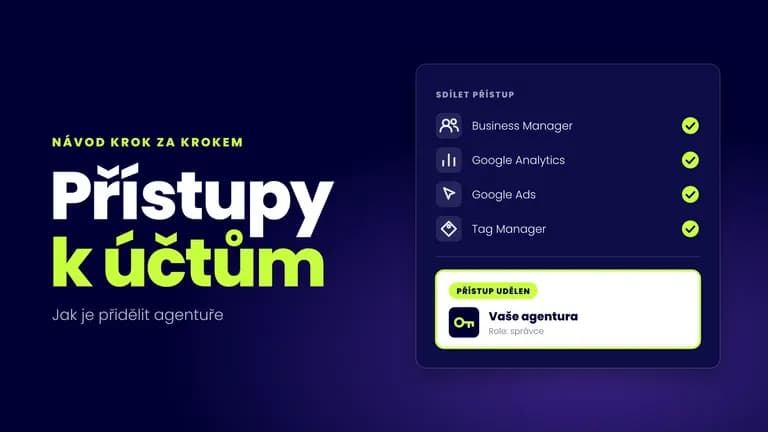 Schéma sdílení přístupů: Business Manager, Google Analytics, Google Ads a Tag Manager s potvrzením, že agentura přístup dostala