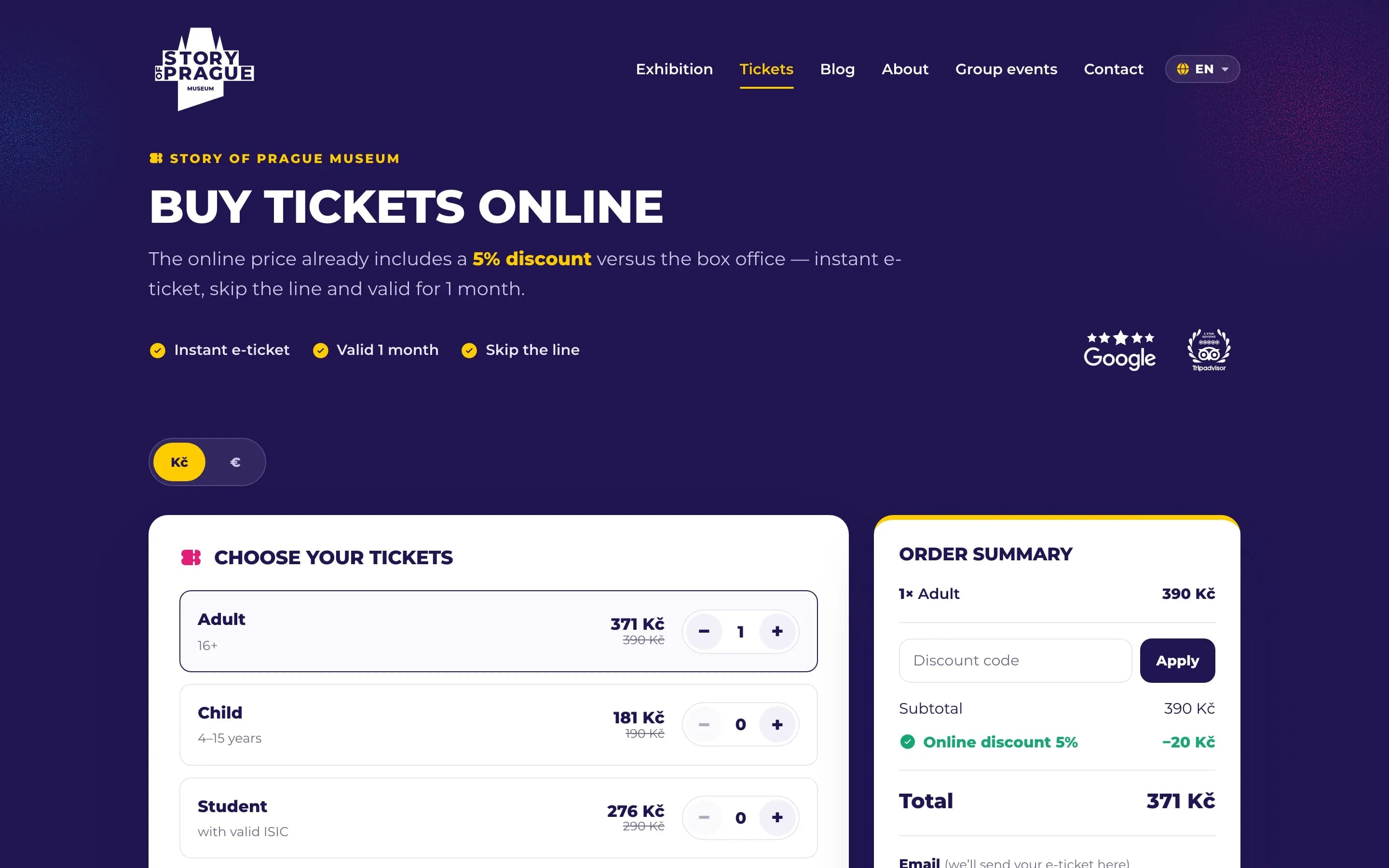 Stránka tickets.storyofprague.cz na počítači: nadpis Buy tickets online, výběr vstupenek a souhrn objednávky