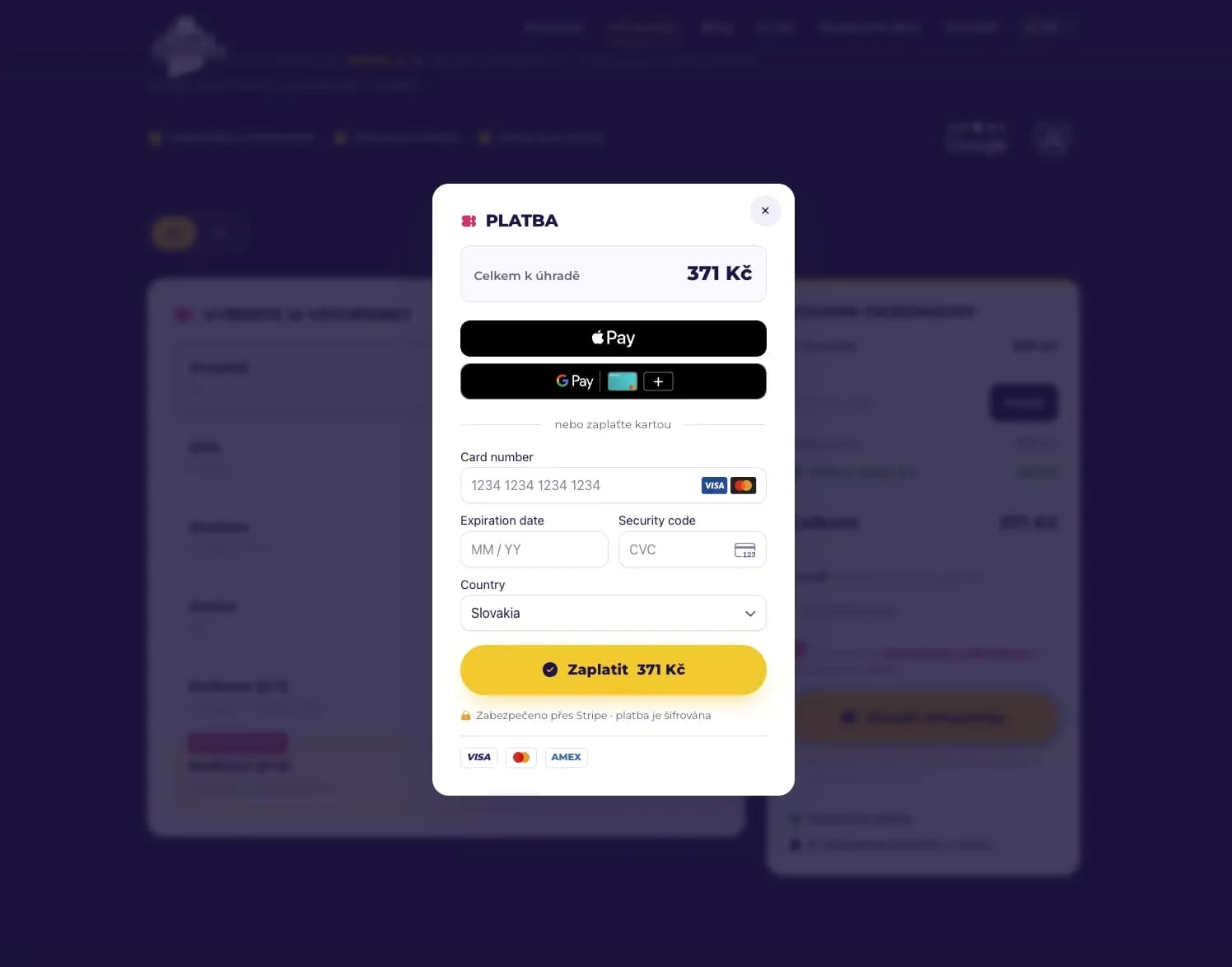Platební okno na tickets.storyofprague.cz: tlačítka Apple Pay a Google Pay, pod nimi platba kartou přes Stripe a tlačítko Zaplatit 371 Kč