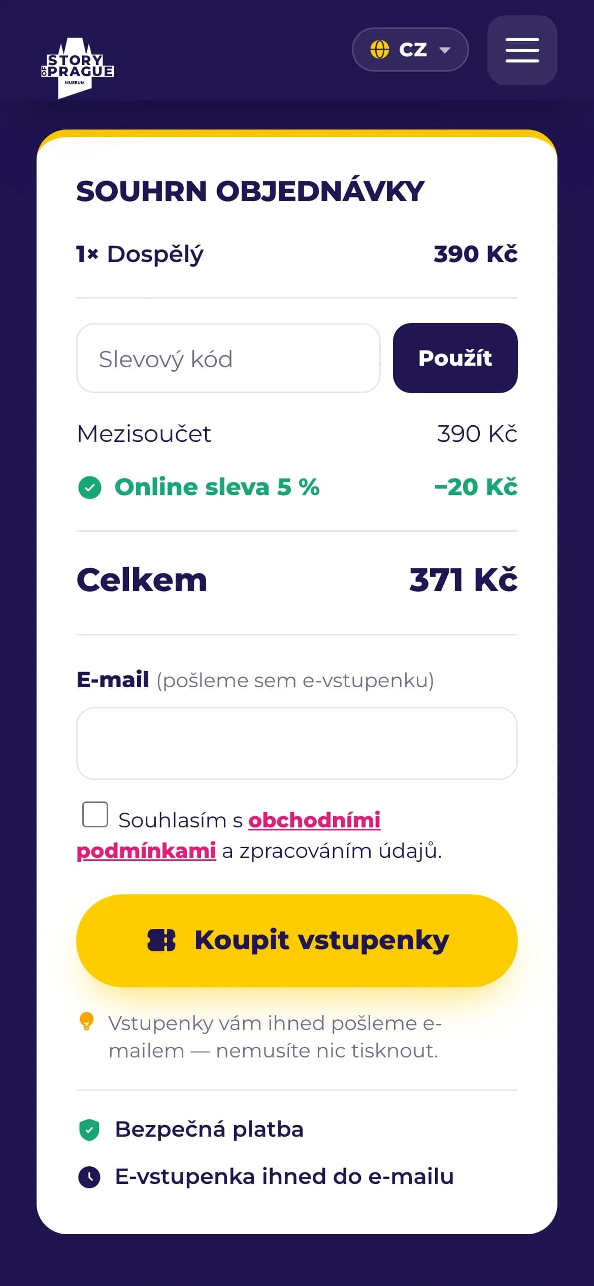Souhrn objednávky na mobilu: jedna vstupenka pro dospělého, online sleva 5 %, celkem 371 Kč a velké tlačítko Koupit vstupenky