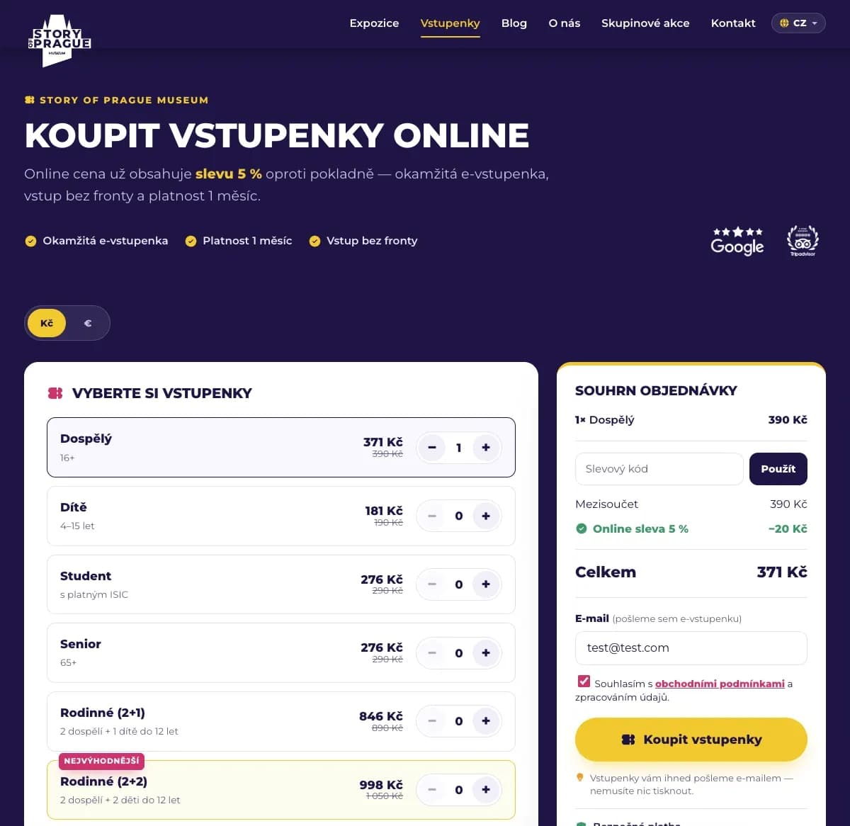 Stránka tickets.storyofprague.cz na počítači: nadpis Koupit vstupenky online, výběr vstupenek a souhrn objednávky vedle sebe